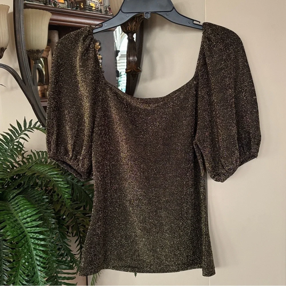 Boden Black Gold Metallic Sparkle Jersey Top Short Puff Sleeves Fitted Blouse
